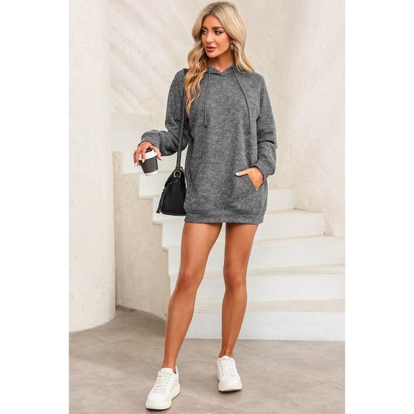 Azura Exchange  Gray Mineral Wash Kangaroo Pocket Drawstring Pullover Hoodie - Picture 5 of 15